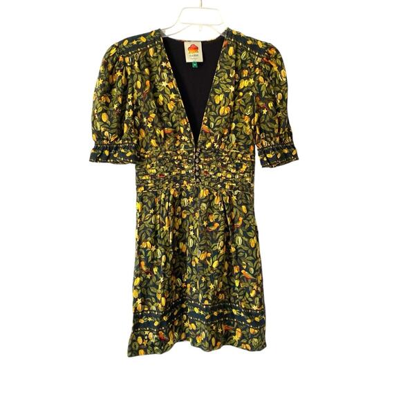 Farm Rio Star Fruit Linen Blend Yellow Black Mini Dress size XS - Picture 4 of 11